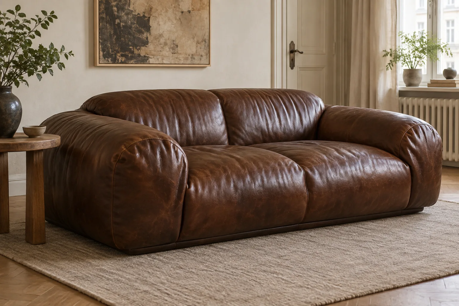 A deep brown leather two-seat sofa with broad rounded arms and generous seat panels.