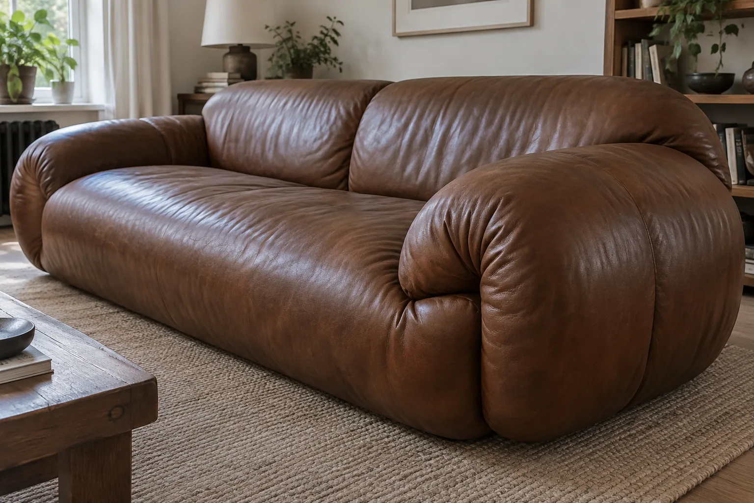 The broad arm, seat and low back of a brown leather sofa seen together.