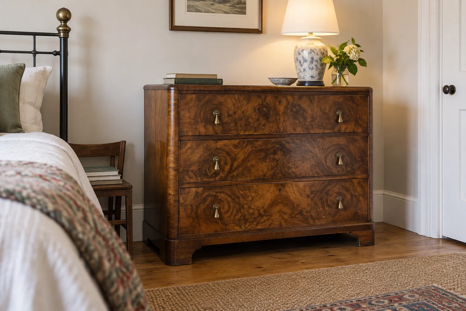 A three-drawer chest with richly patterned brown surfaces in a bedroom.