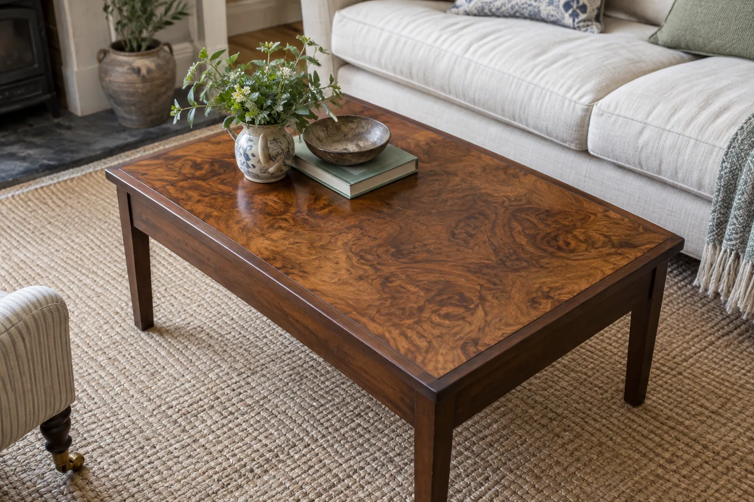 A rectangular coffee table with a swirling brown patterned top and a darker wooden border.