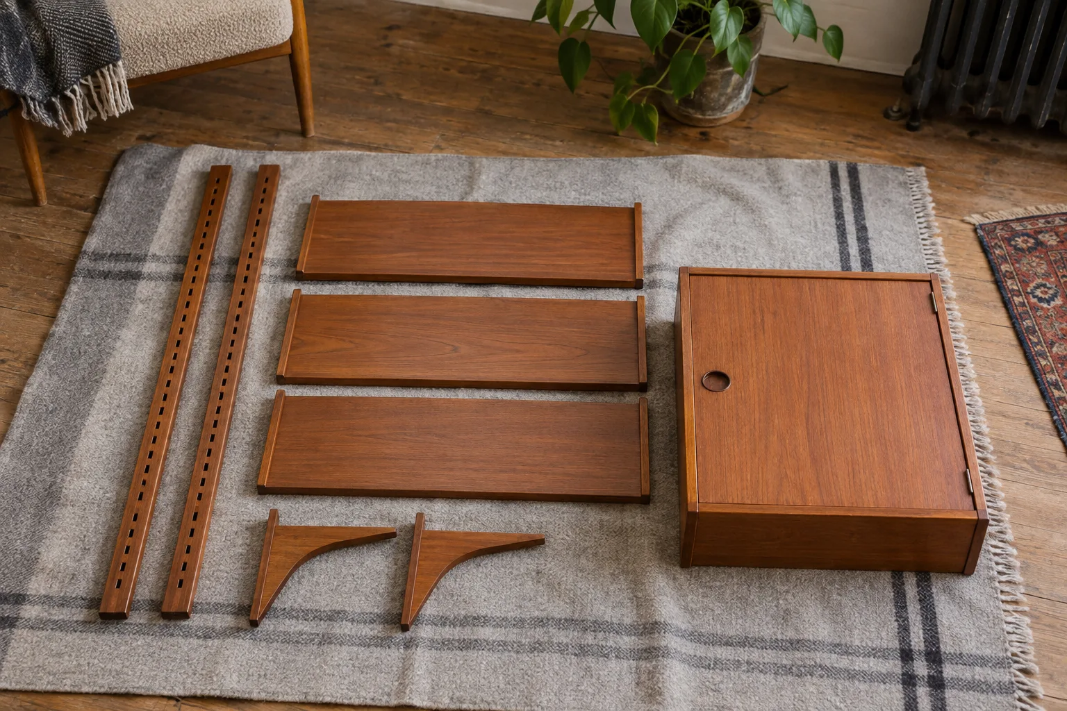 Two wooden uprights, three shelf boards, two brackets and a cabinet laid separately on a blanket.