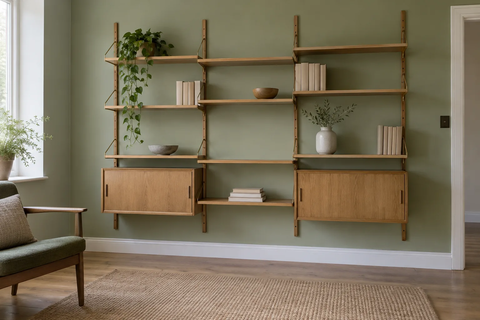 A wooden wall shelving arrangement with hanging shelves, two low cabinets and exposed floor beneath.