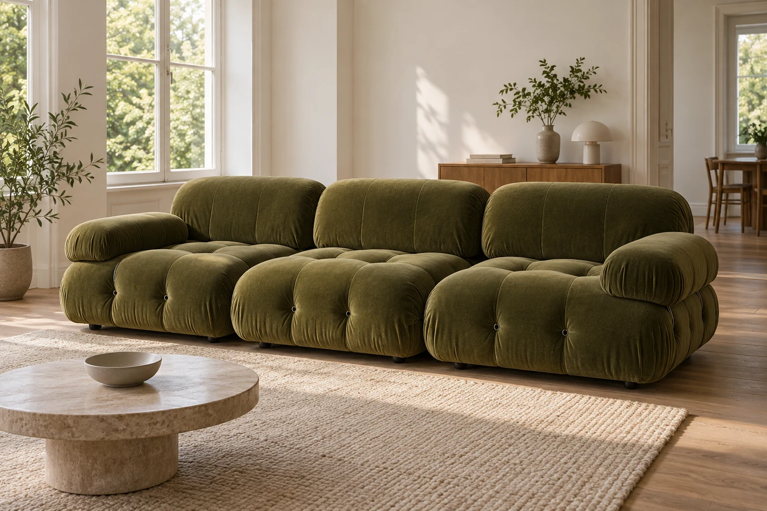 An olive-green tufted modular sofa forms a straight row of three seats with backs and two outer arms.