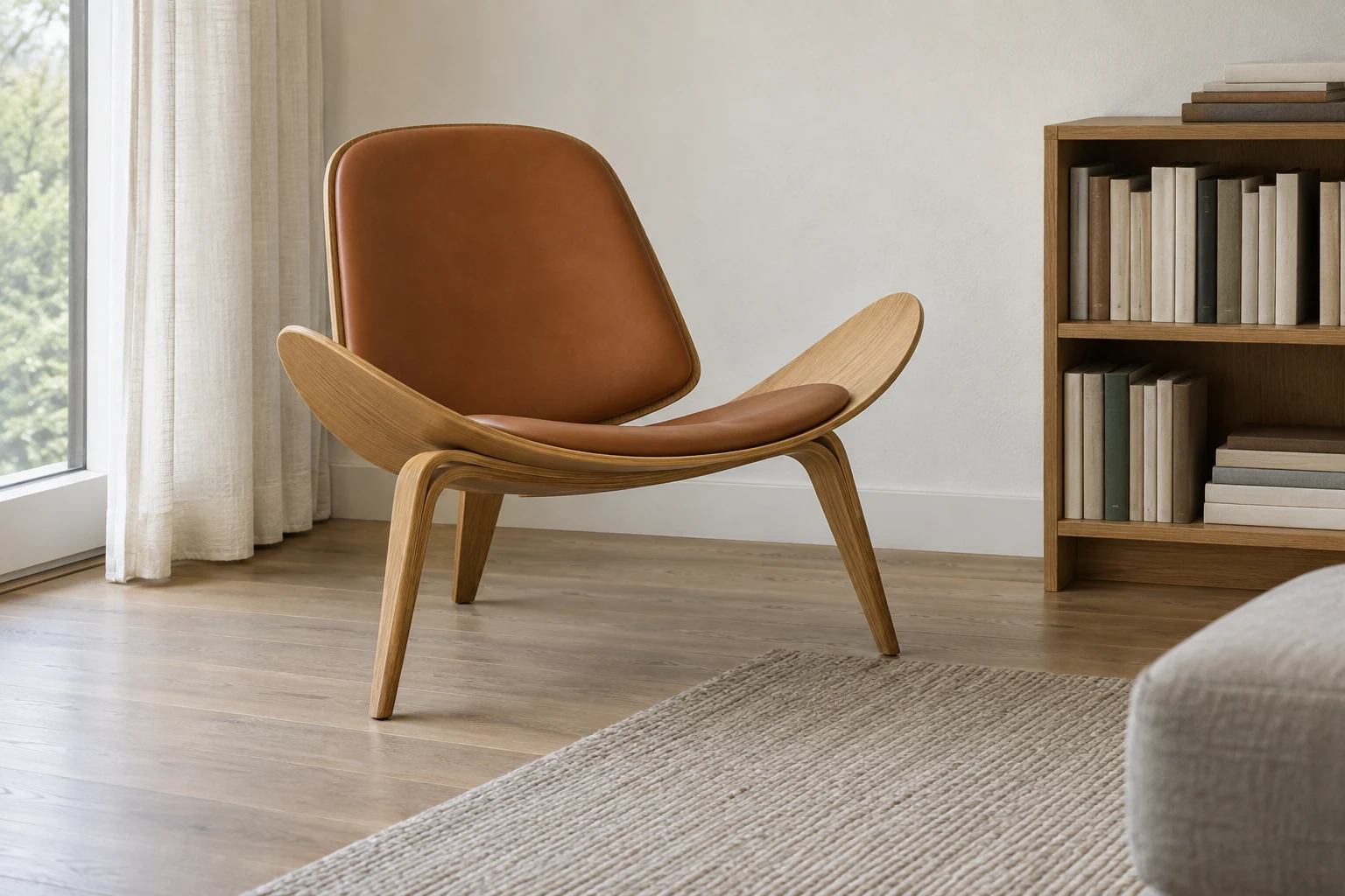 A low three-legged wooden lounge chair with a broad winged seat and tan cushions stands beside a bookcase.