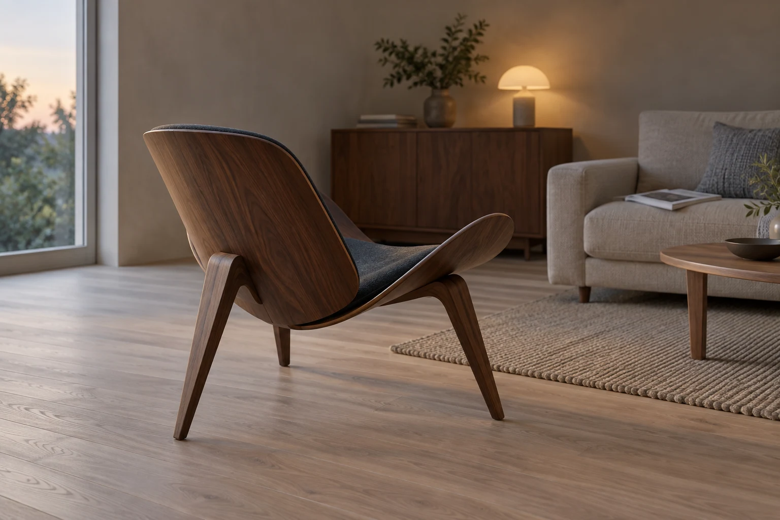 The wooden rear of a low winged lounge chair faces an open walking route beside a sofa and low table.