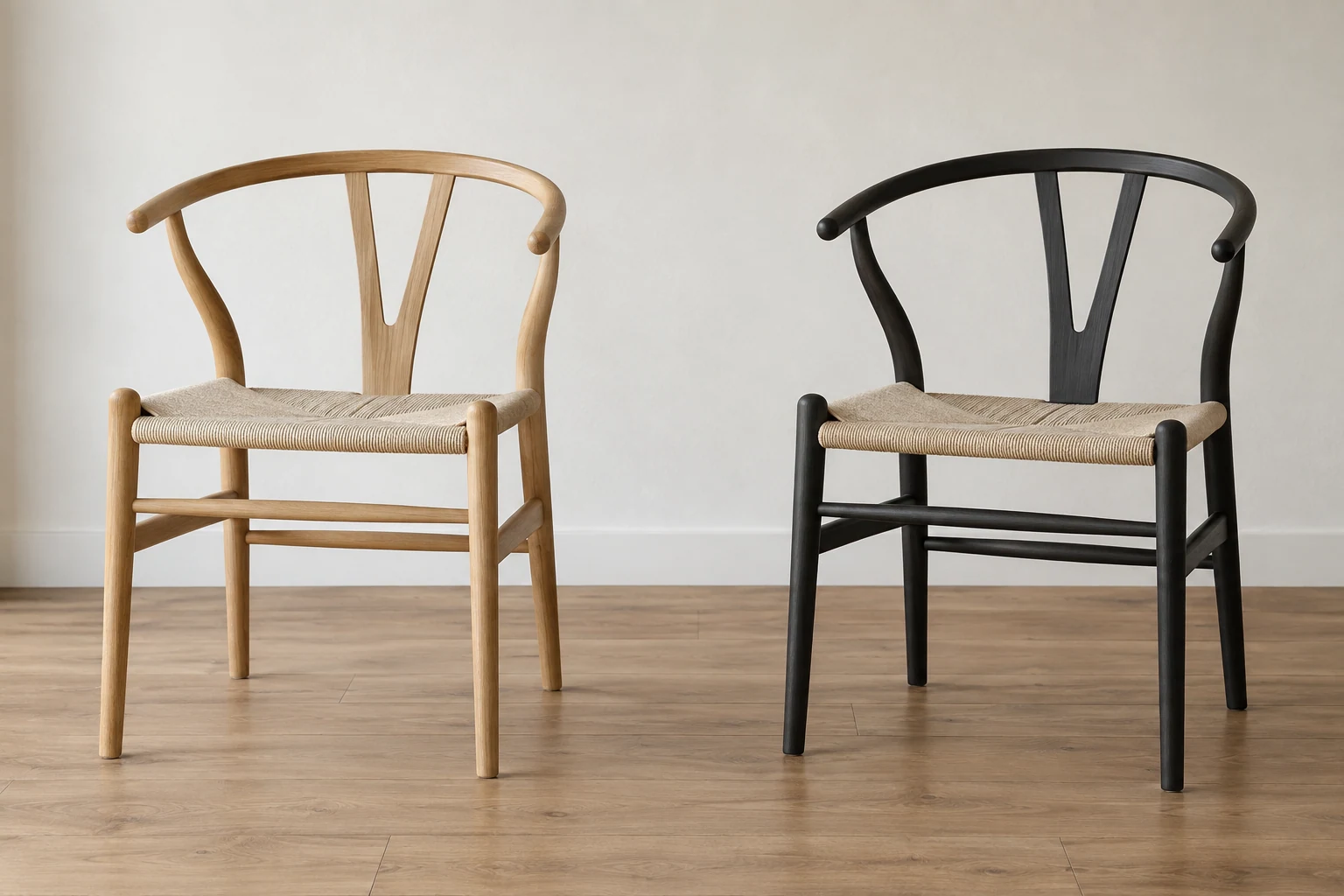 A light wooden Y-back chair and a dark painted Y-back chair stand beside one another, both with pale woven seats.