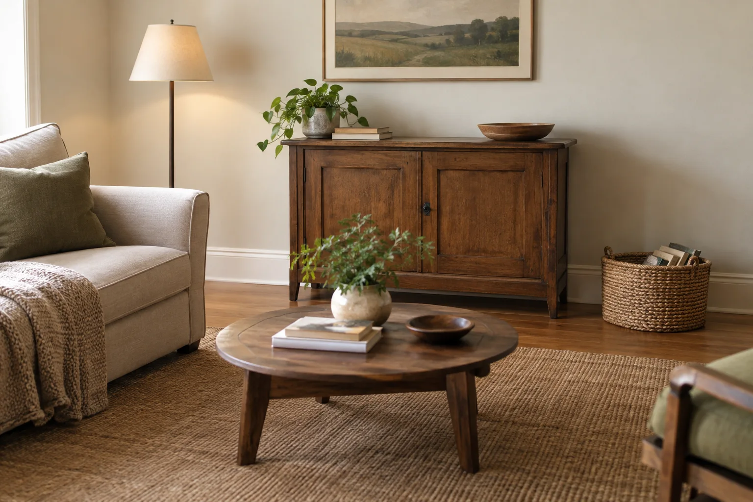 Low wooden storage, a sofa and a book basket in a family sitting room.