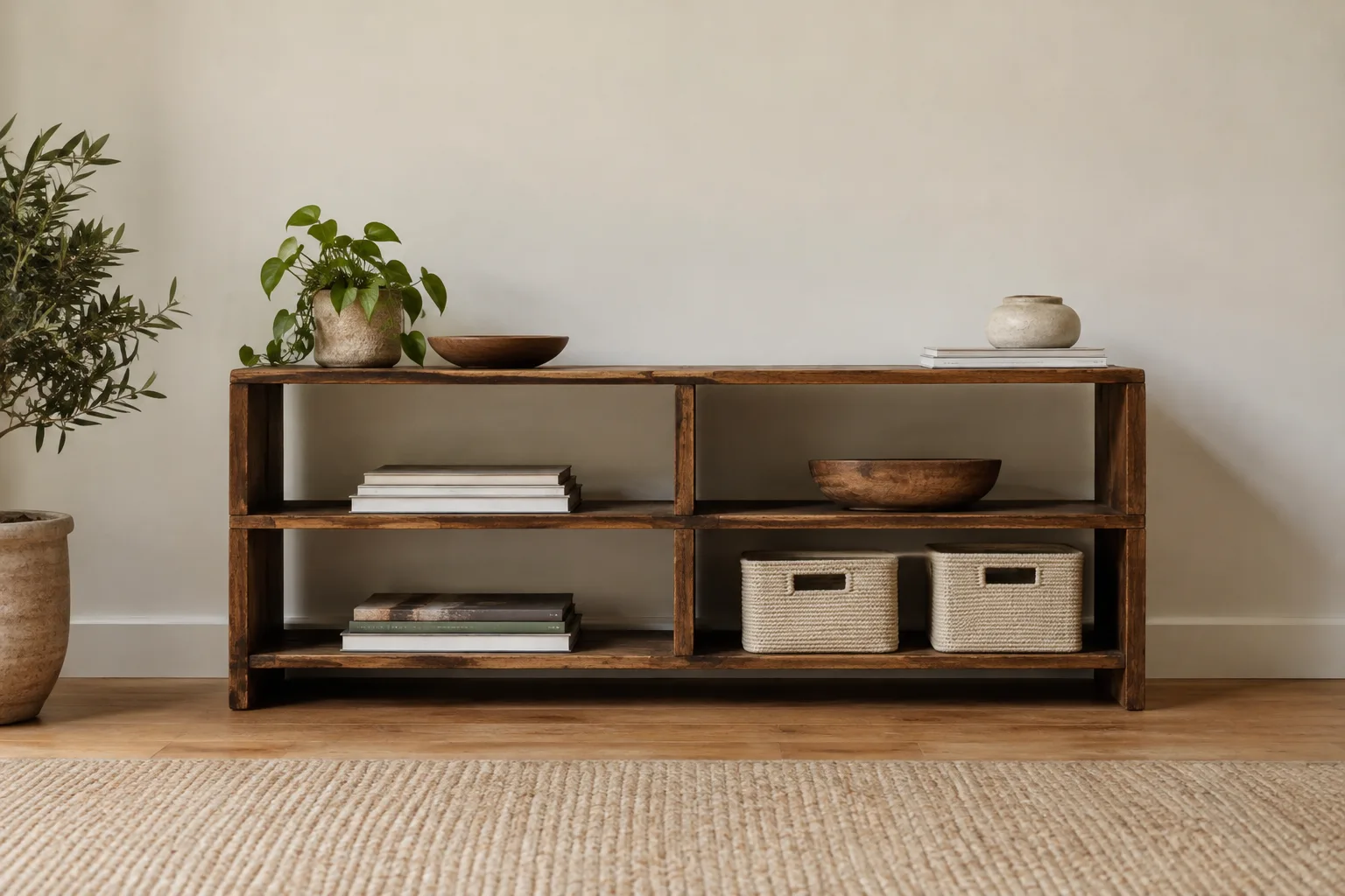 Books and soft baskets arranged on the lower shelves of an older wooden unit.