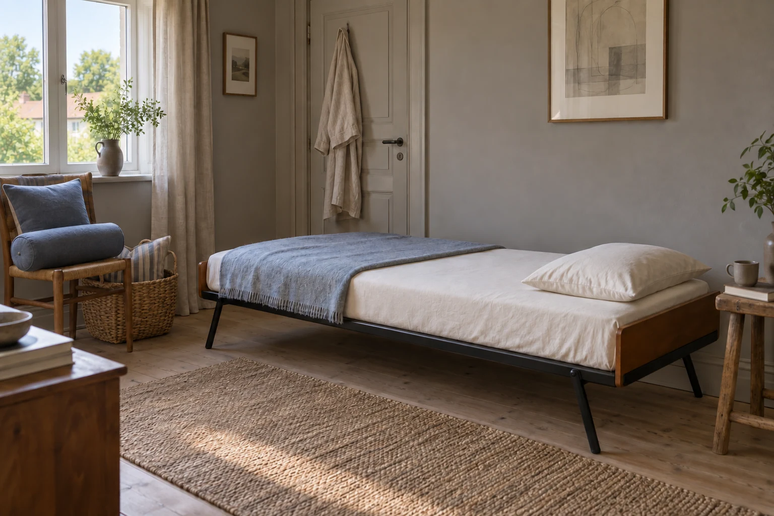 A low daybed is dressed with a sleeping pillow and light bedding; daytime cushions rest on a nearby chair and in a basket.