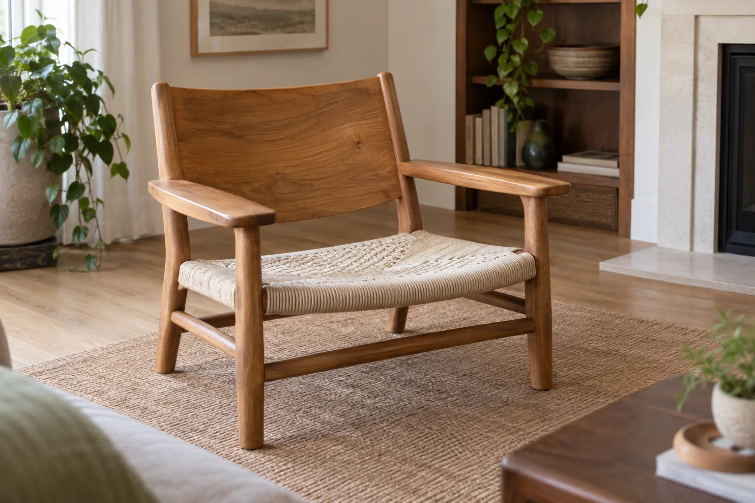 A low wooden armchair with a broad back and pale woven seat beside a coffee table.