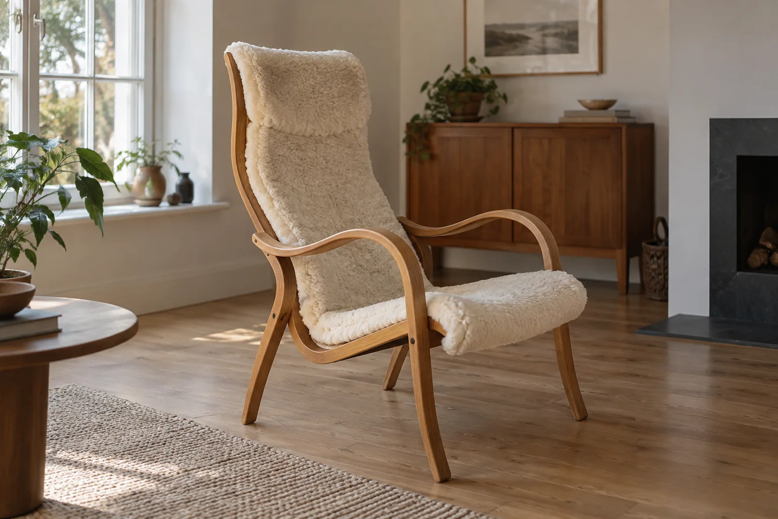 A tall-backed wooden armchair with pale textured upholstery in a living room.