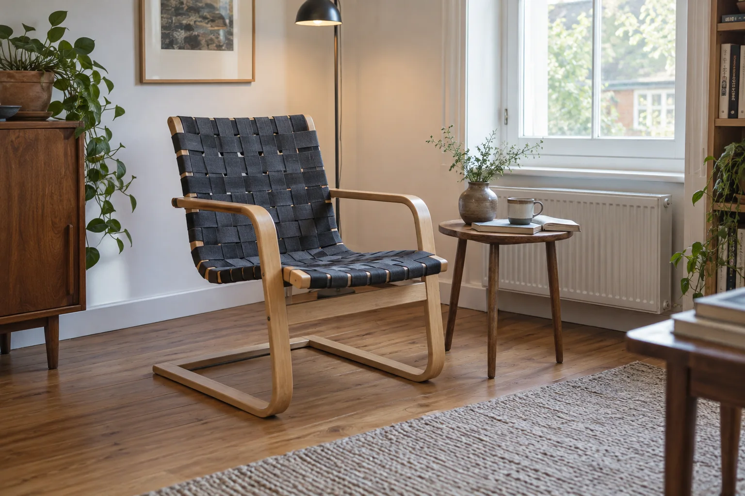 An open wooden armchair with dark woven straps beside a small round table.