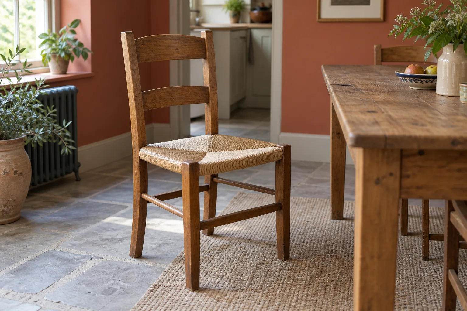 A ladder-back wooden chair with a pale woven seat beside an everyday kitchen table.