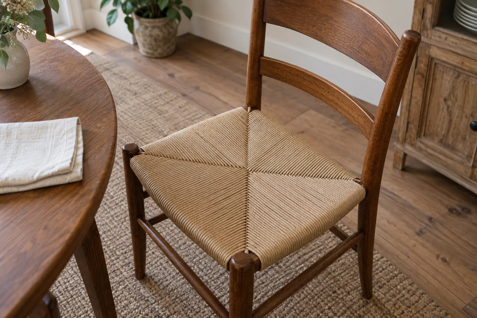 A wooden chair with a pale woven seat seen from above beside a folded white cloth.