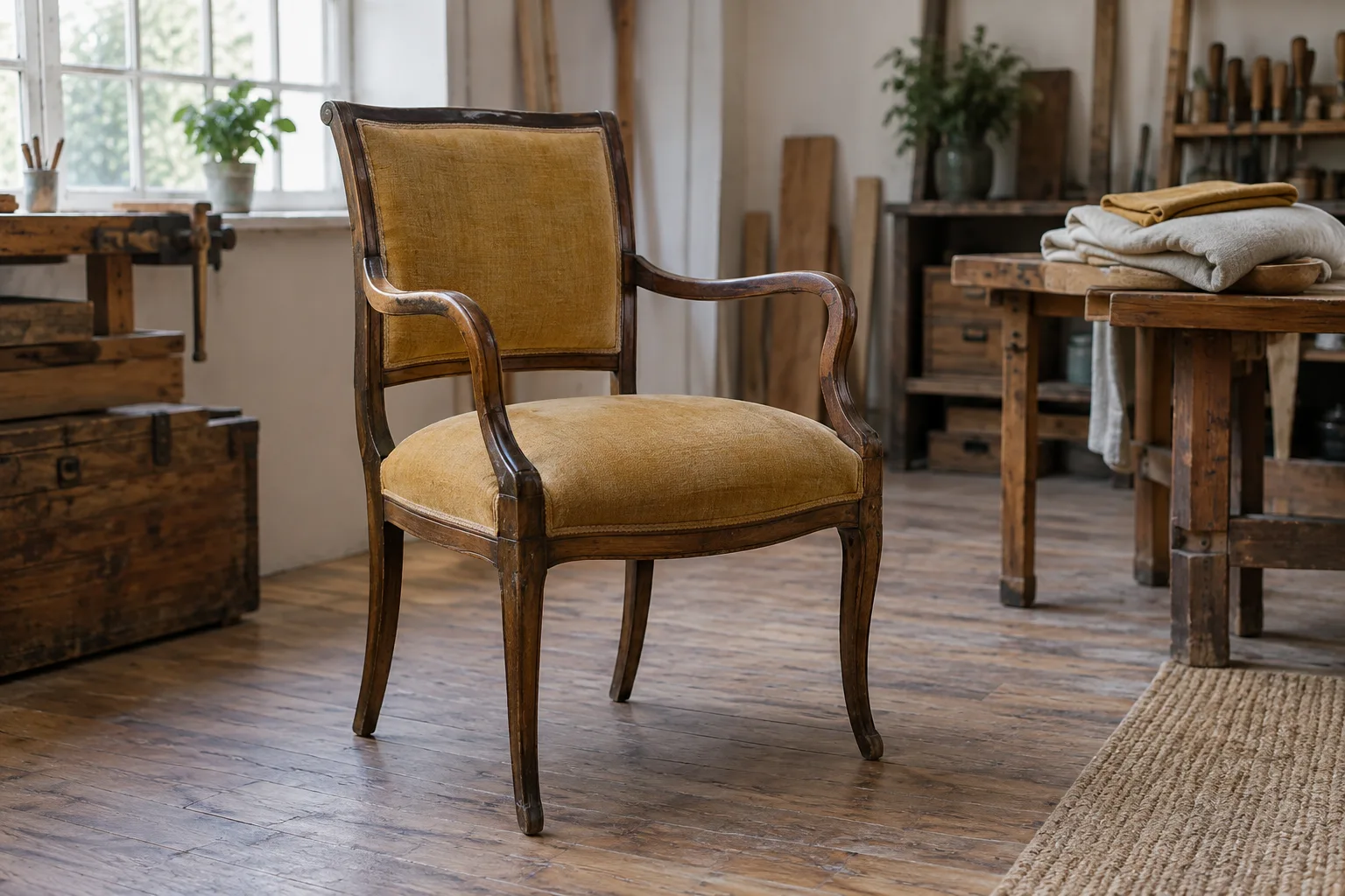 An open wooden armchair with separate upholstered seat and back panels.