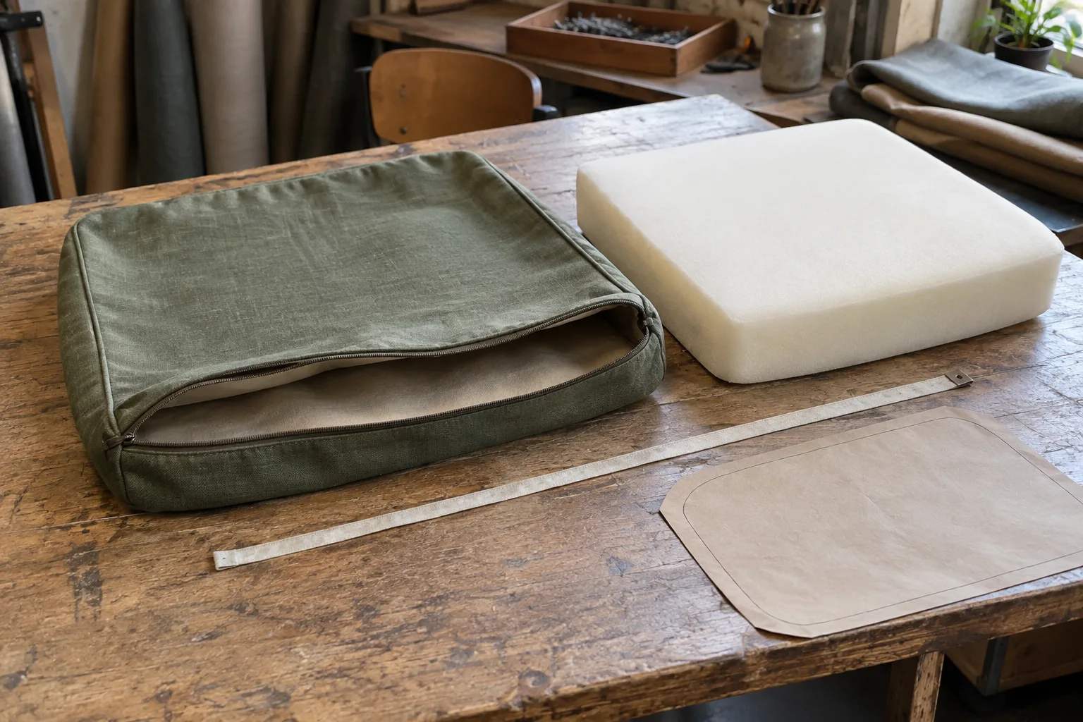 An empty cushion cover lies beside a foam insert and a paper outline on a worktable.