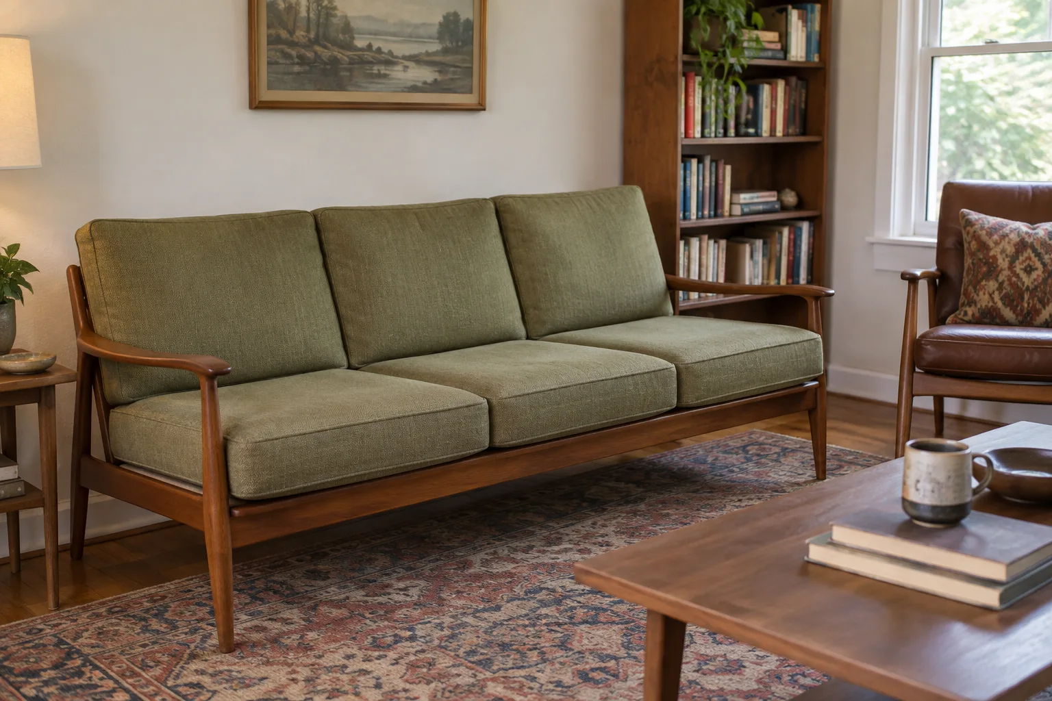 A wooden three-seat sofa with separate green seat and back cushions.