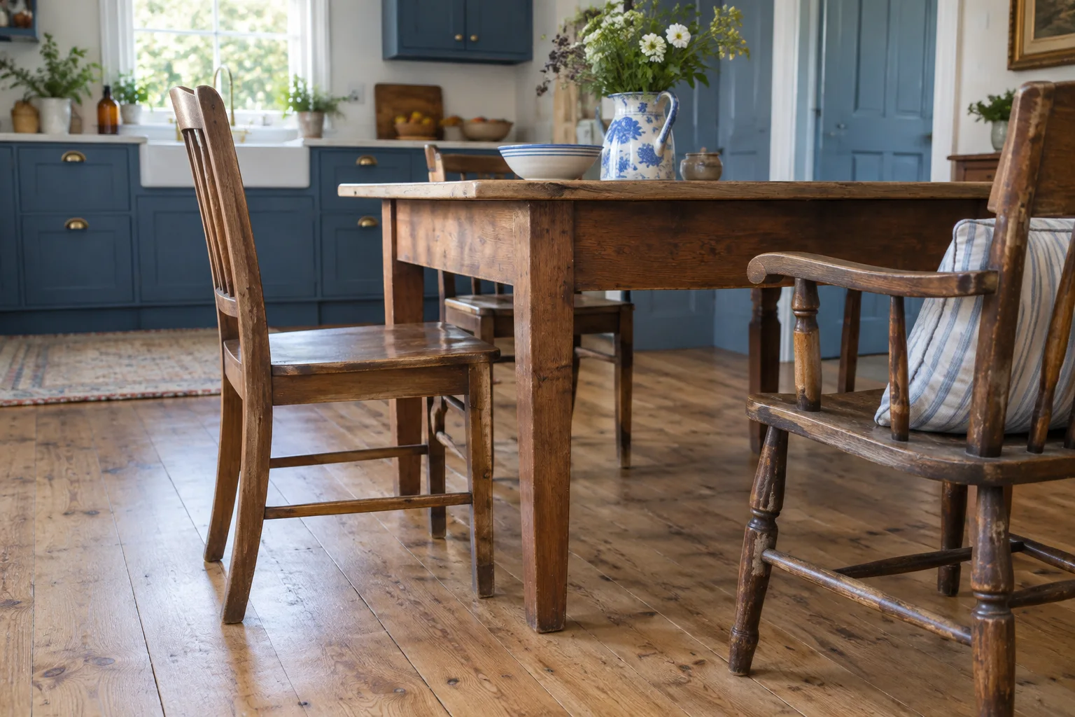 Two wooden chairs, one with arms, beside a dining table with an apron beneath its top.