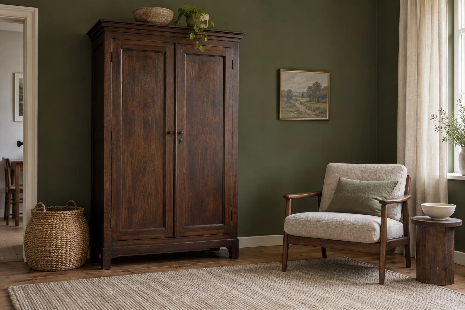 Tall dark wooden cabinet against a muted green wall, with a lower pale upholstered chair beside it