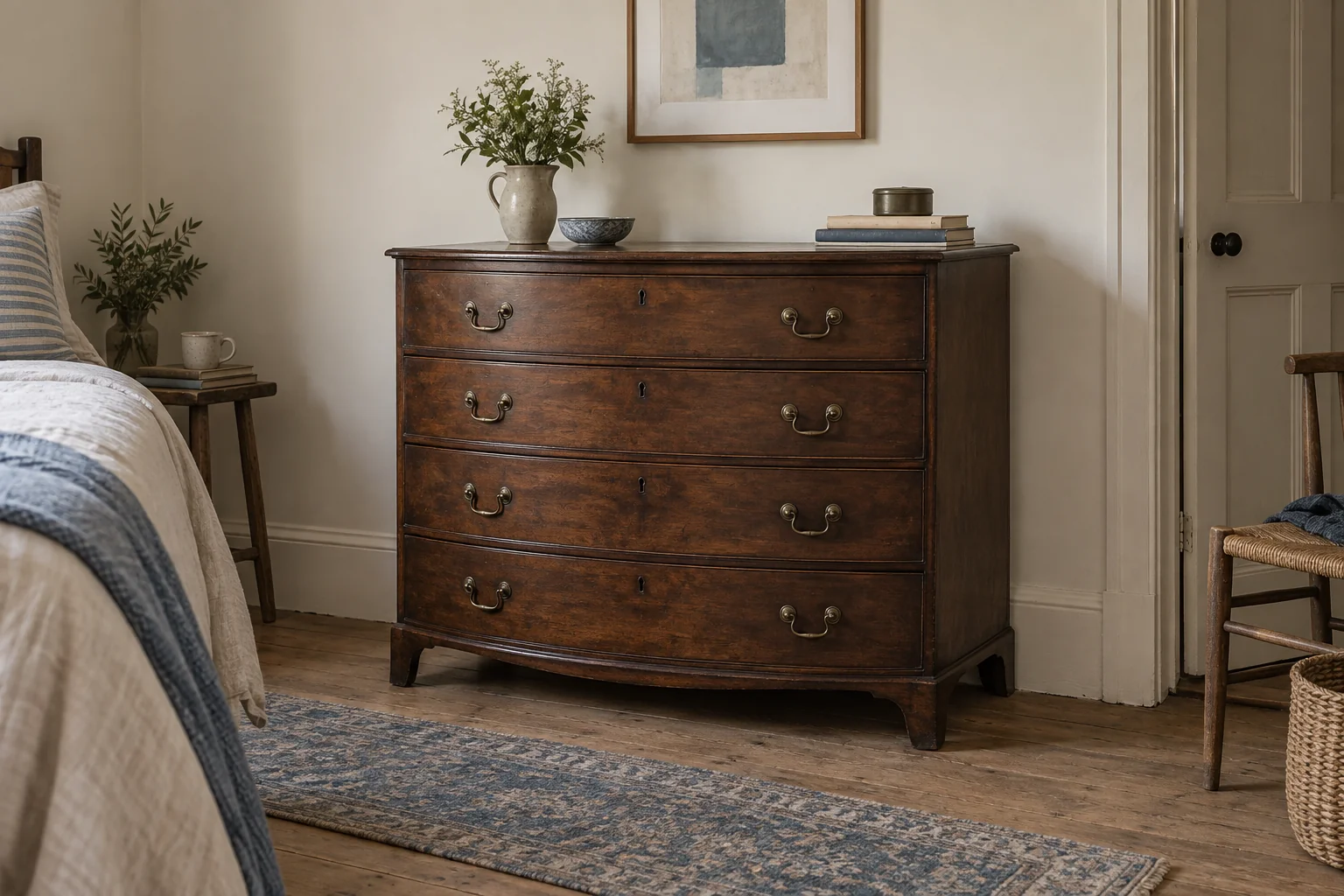 Dark wooden chest with brass handles against an off-white bedroom wall, beside pale bedding and a blue rug