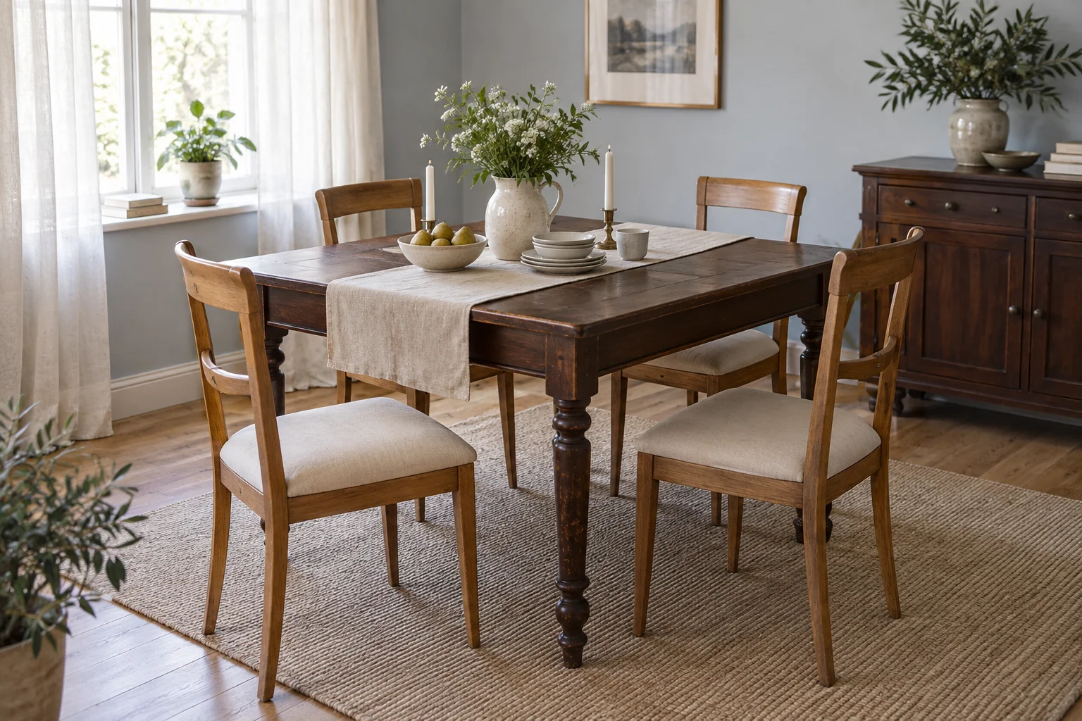 Dark rectangular dining table with turned legs, lighter wooden chairs, pale upholstered seats and a linen runner