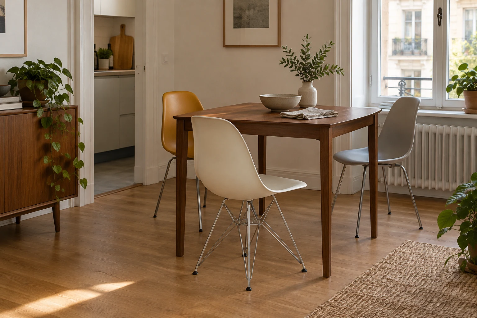 Three moulded side-shell chairs with metal bases surround a small wooden dining table in a bright room.
