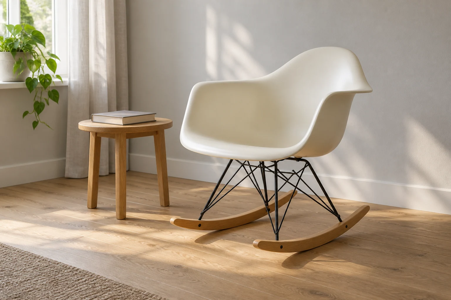 A cream moulded arm-shell chair rests on a black wire base and two wooden rocking runners beside a small table.