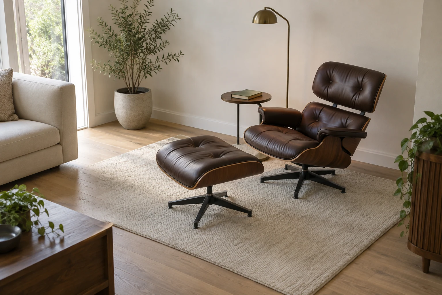 A lounge chair and ottoman sit diagonally on a rug with an open approach beside the ottoman, a floor lamp and a small table.