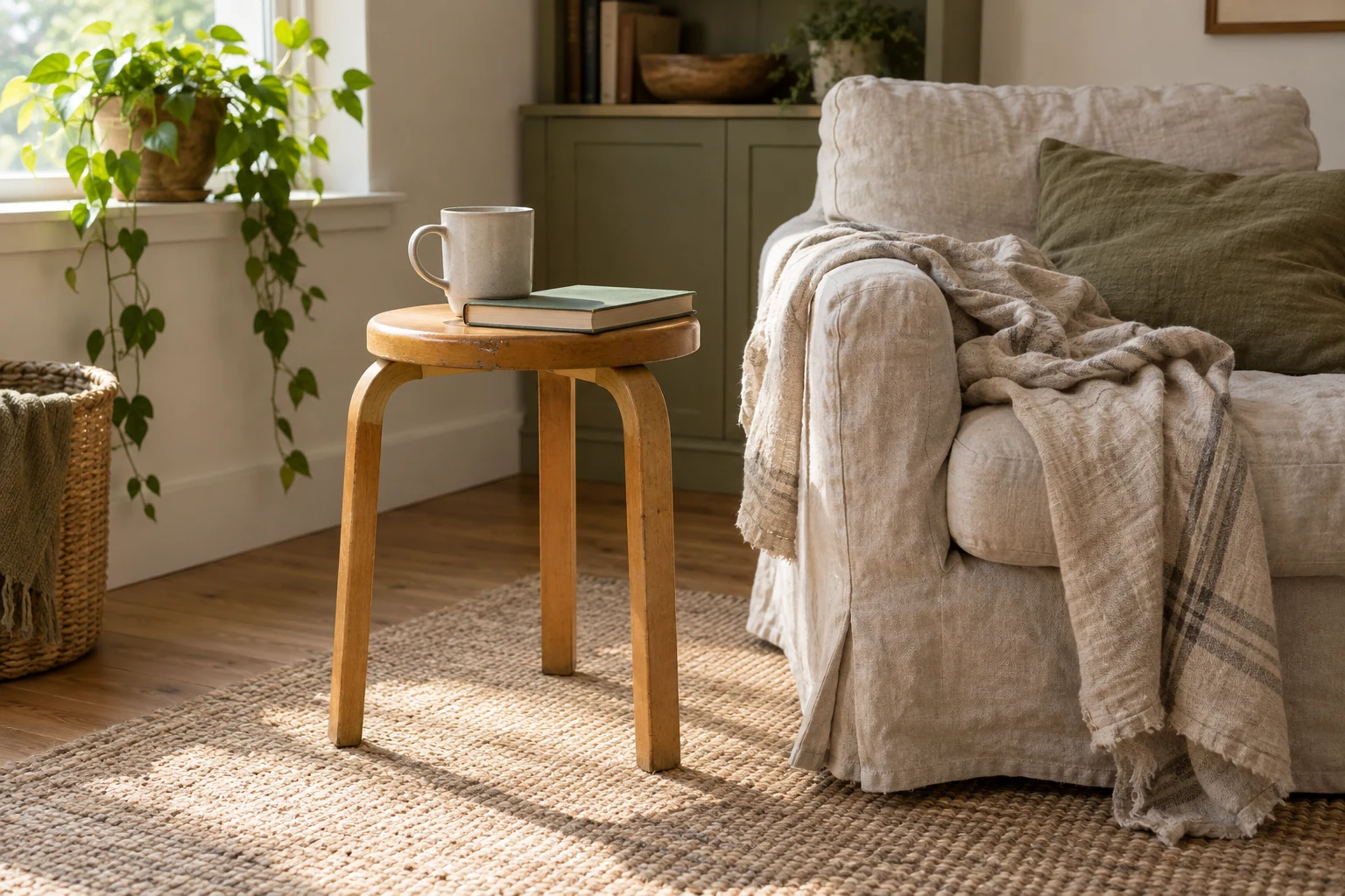 A small three-legged bentwood stool holds a mug and a book beside a linen-covered armchair.