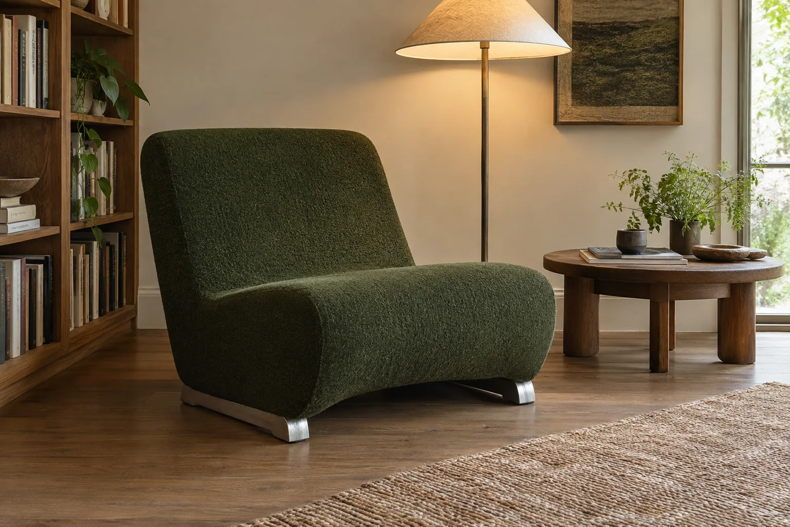 A low green upholstered chair with a continuous seat-and-back shape stands beside a small table.