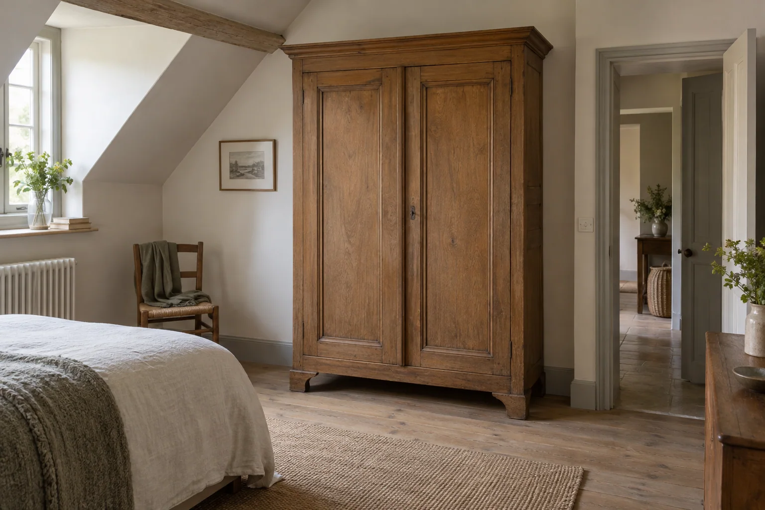 A tall panelled wooden wardrobe stands in a bedroom with a sloping ceiling.