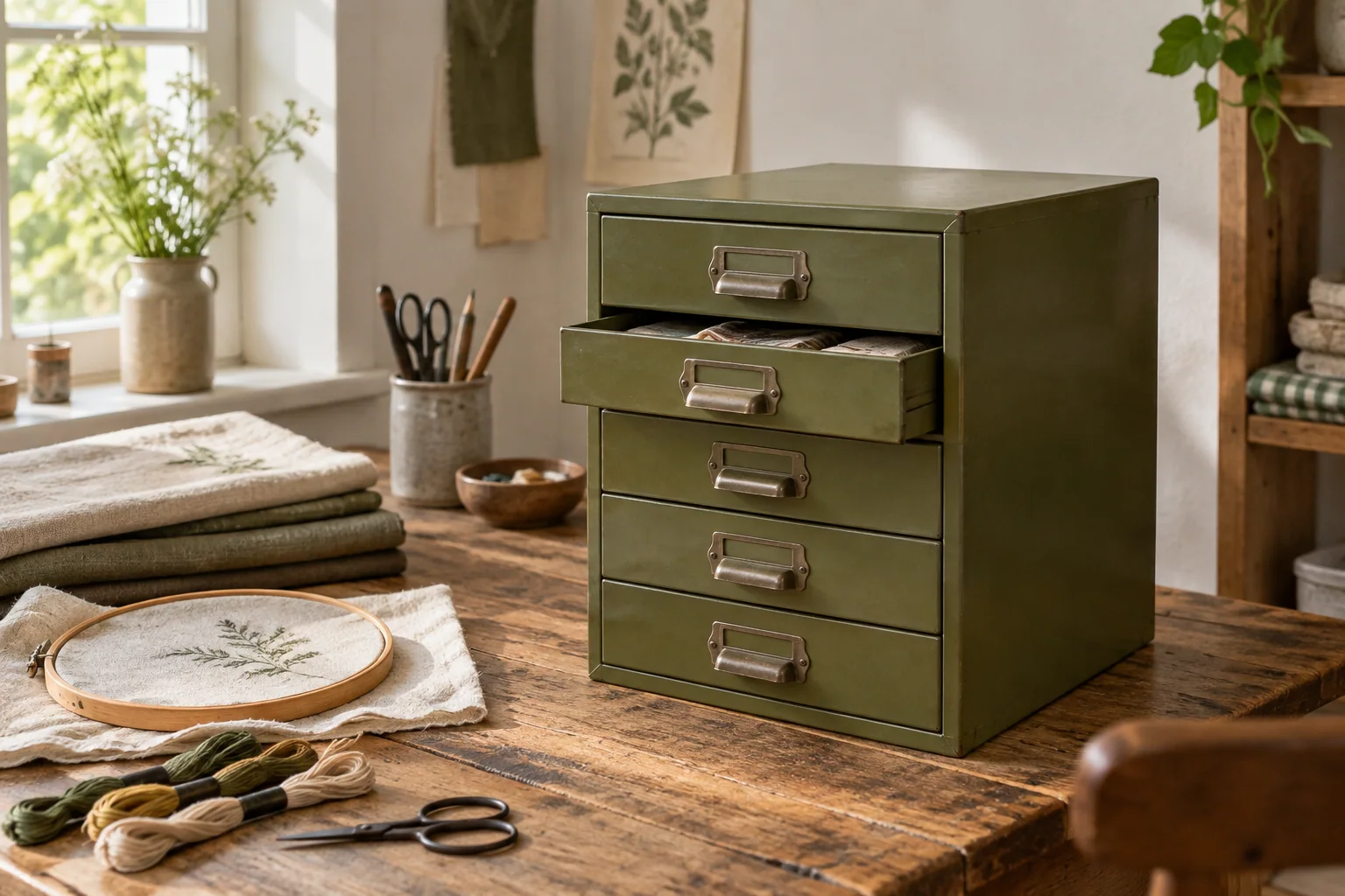 An olive-green steel cabinet with shallow drawers stands beside small craft supplies in a home workspace.