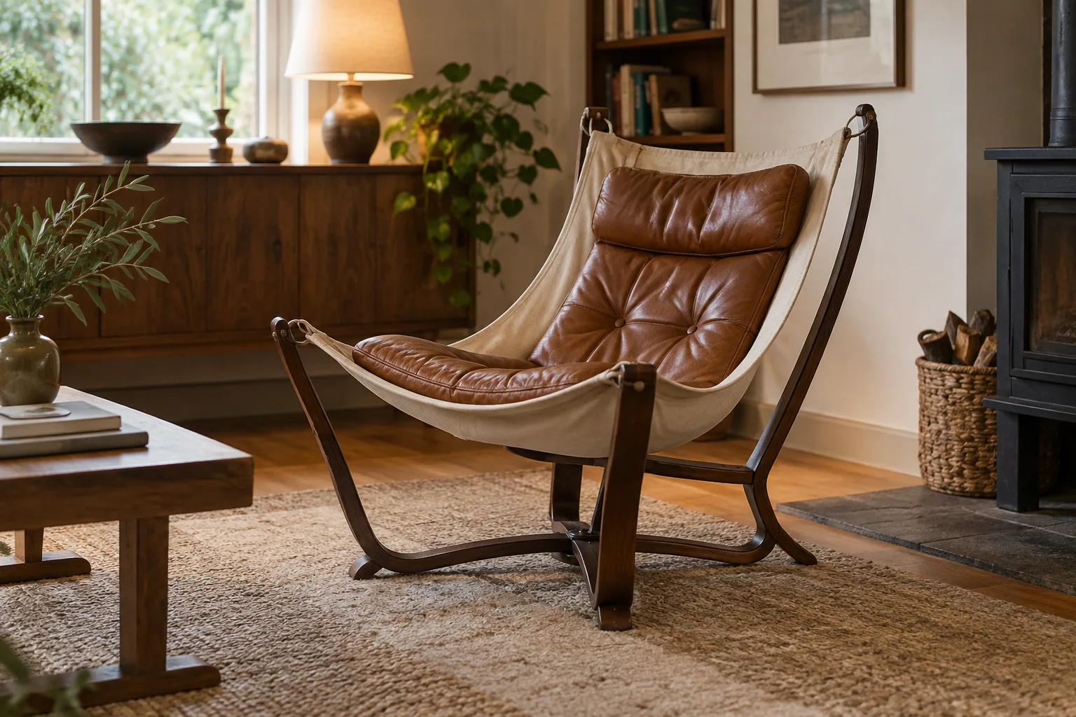 A cushioned hammock-style lounge chair hangs inside a curved wooden frame.