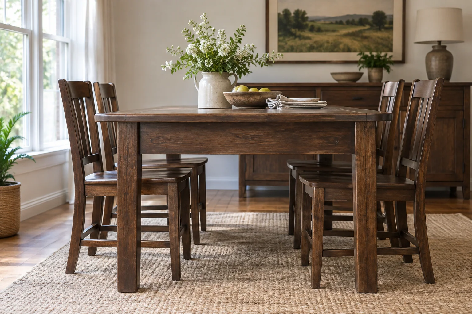 A dark wooden dining table with a deep apron stands with wooden chairs in a dining room.