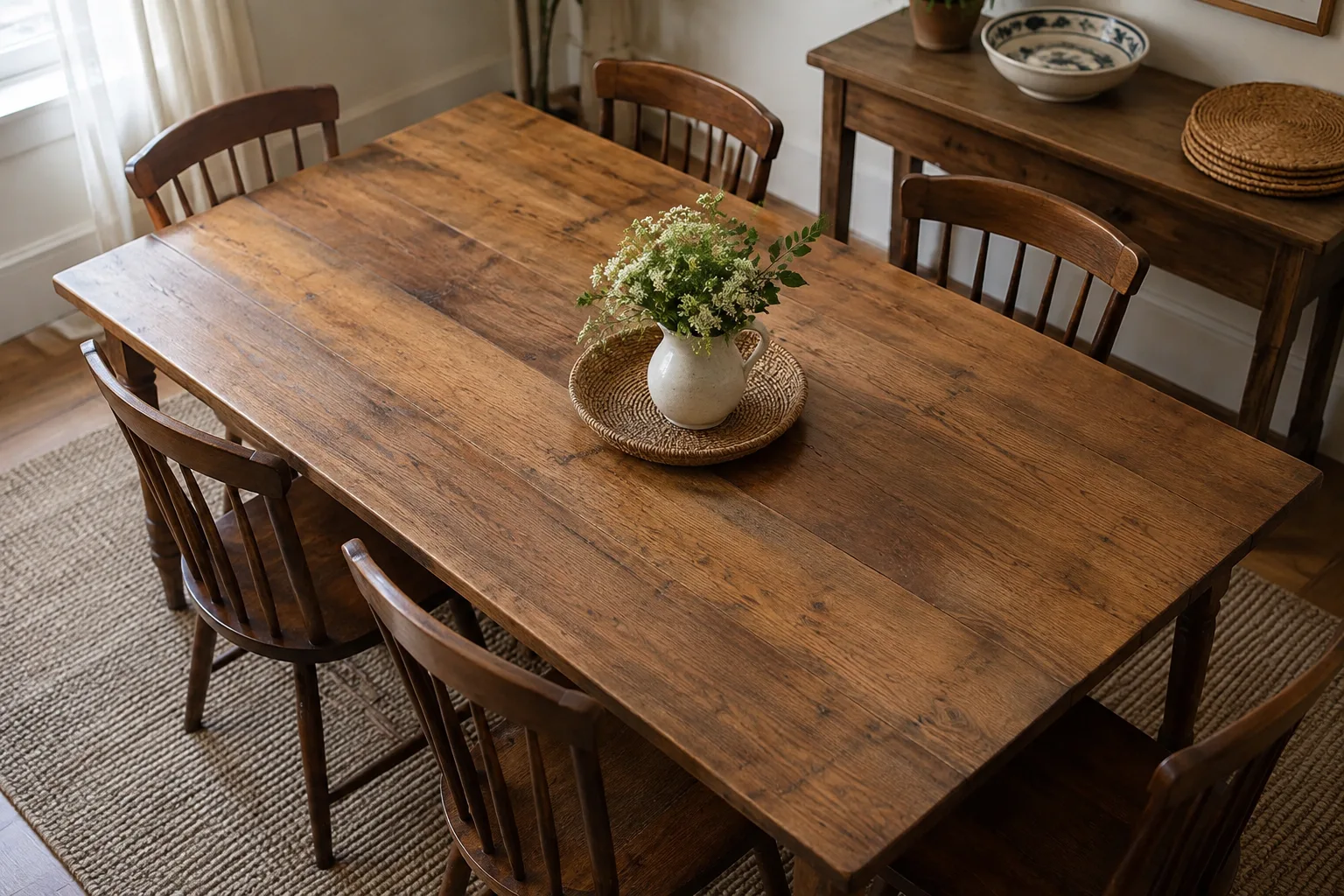 A wooden dining tabletop in soft window light, with a flower jug on a tray and spare mats nearby.