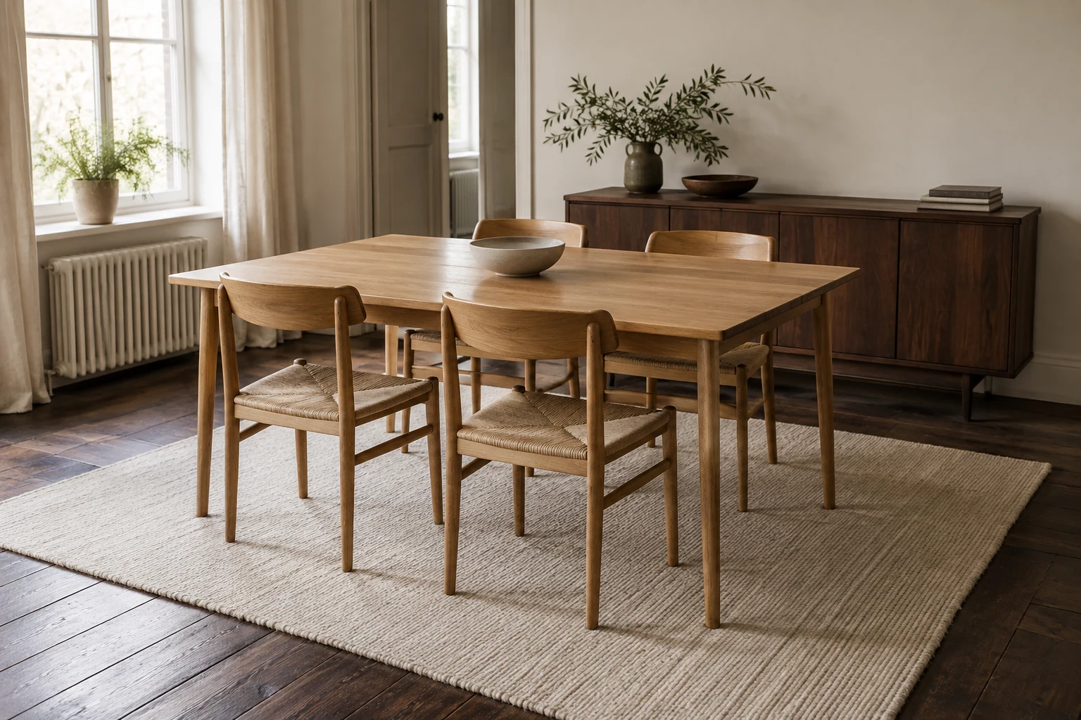 Light timber dining furniture stands on a cream rug over dark brown floorboards, with a dark cabinet against a pale wall.
