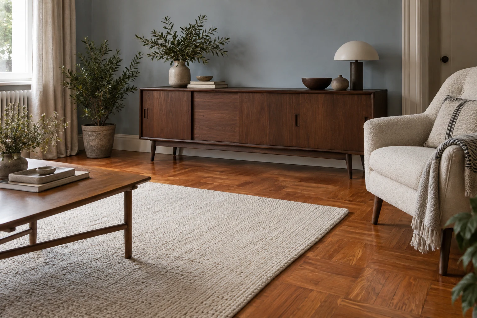 A dark brown sideboard stands against a muted blue-grey wall above reddish parquet, beside cream upholstery and a pale rug.
