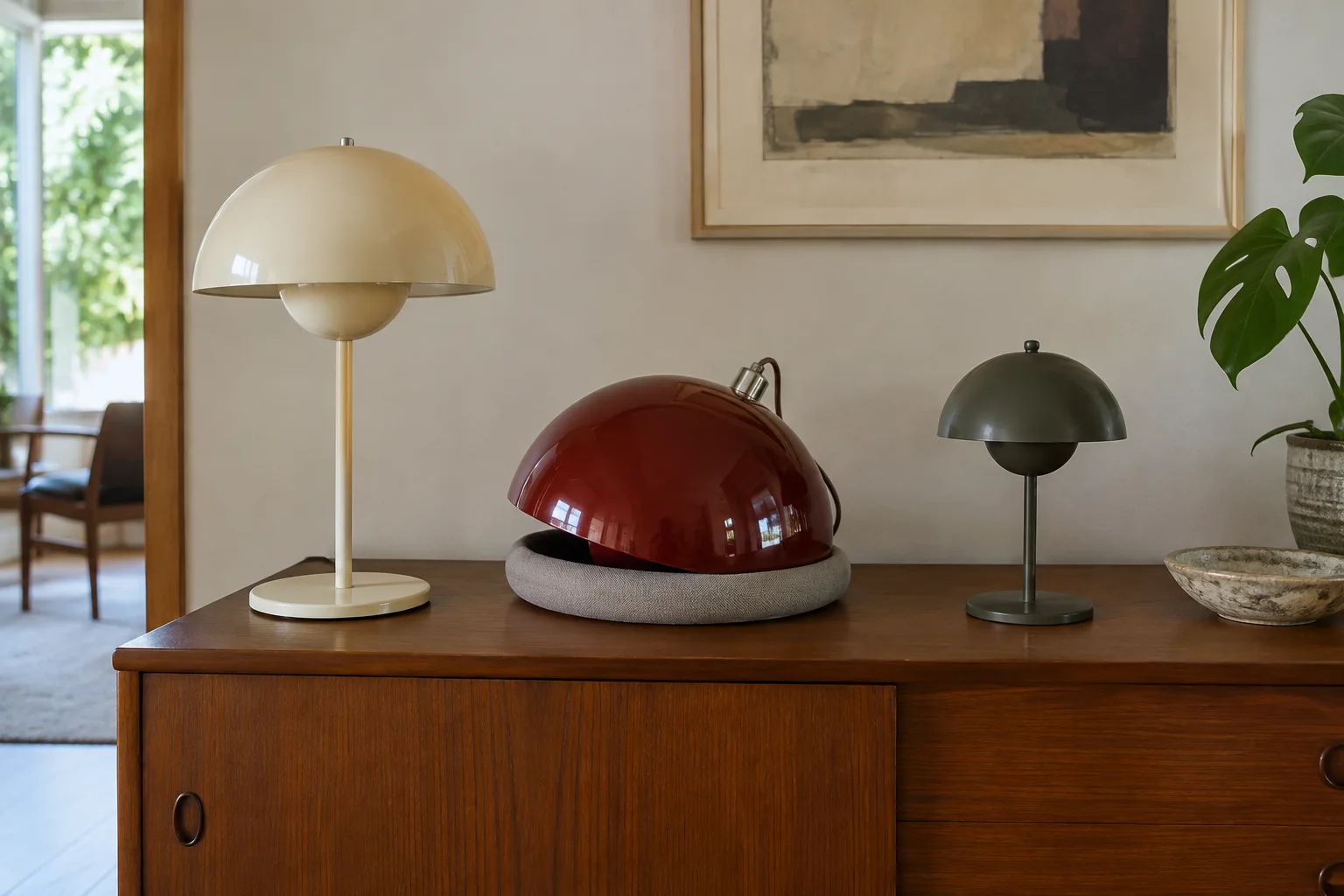 Two dome-shaped table lights and a separate pendant resting on a padded ring on a sideboard.