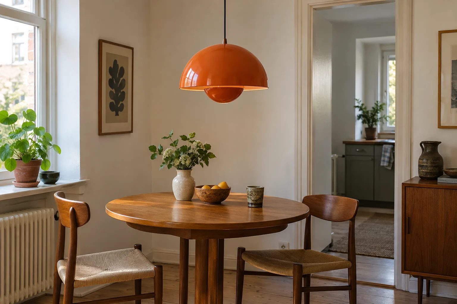 An orange pendant with two hemispherical shades hanging over a wooden dining table.