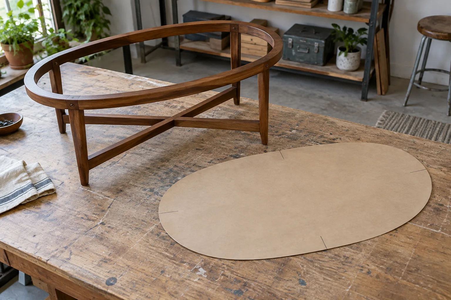 An empty oval wooden table frame beside a rough paper outline on a workbench.