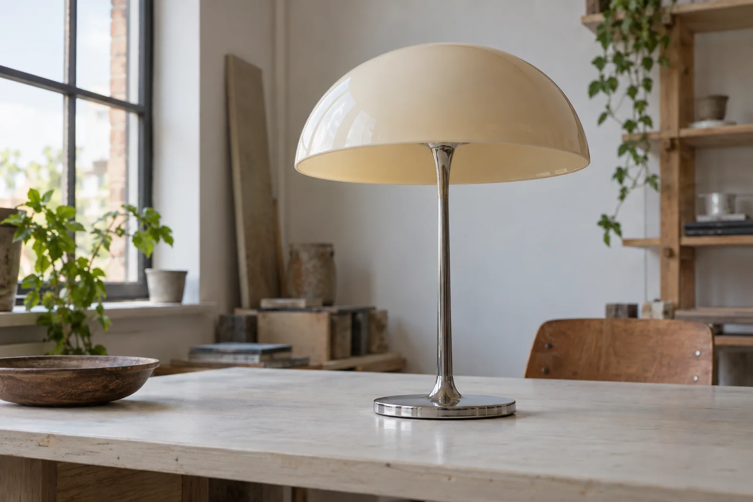 A rounded plastic-shade lamp seen from a low angle in daylight.