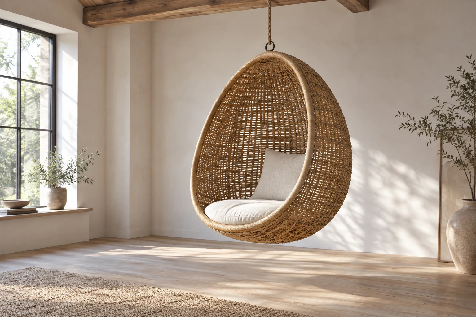 An interpretive suspended woven chair with an oval rim, open front and space beneath.