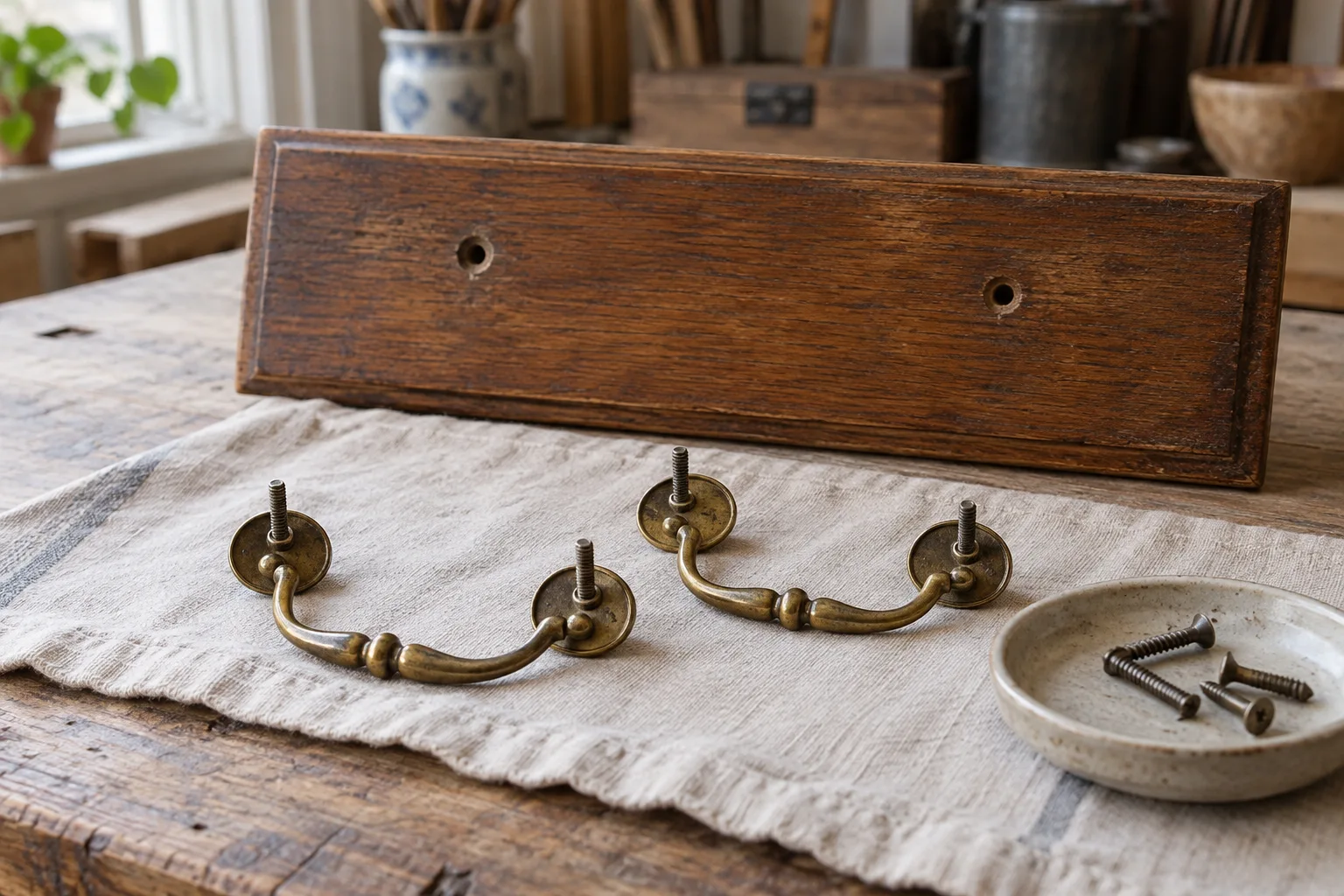 Two loose curved drawer pulls on a cloth beside a drawer front and a dish of fasteners.