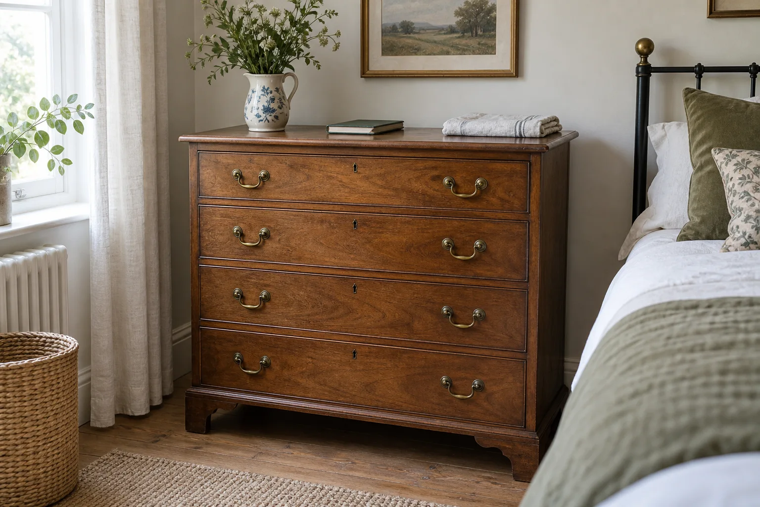 An old wooden chest with curved brass-coloured drawer pulls in a bedroom.
