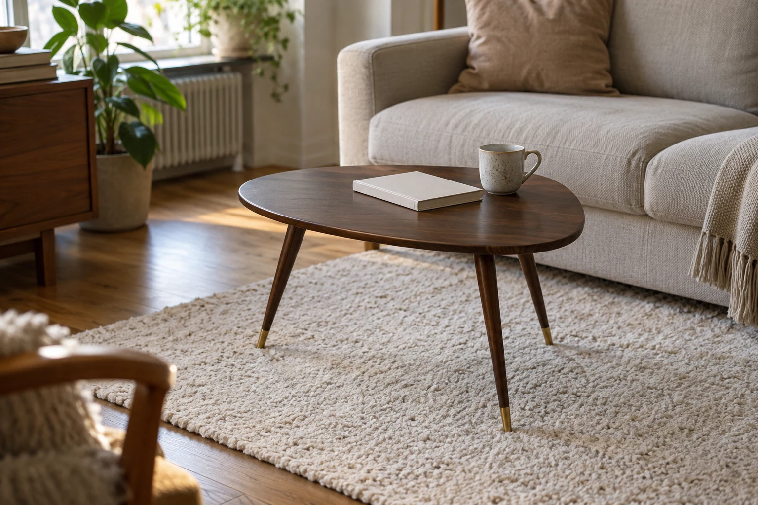 A small dark leaf-shaped three-legged table stands beside a sofa on a pale rug.