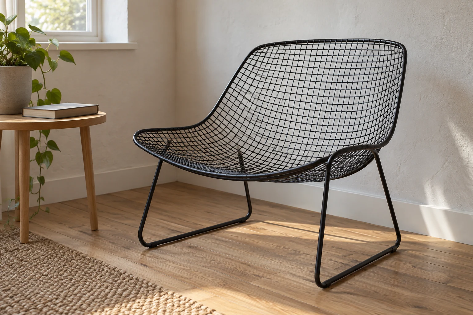 A low black mesh armchair with a tubular base sits beside a small table in a bright room.
