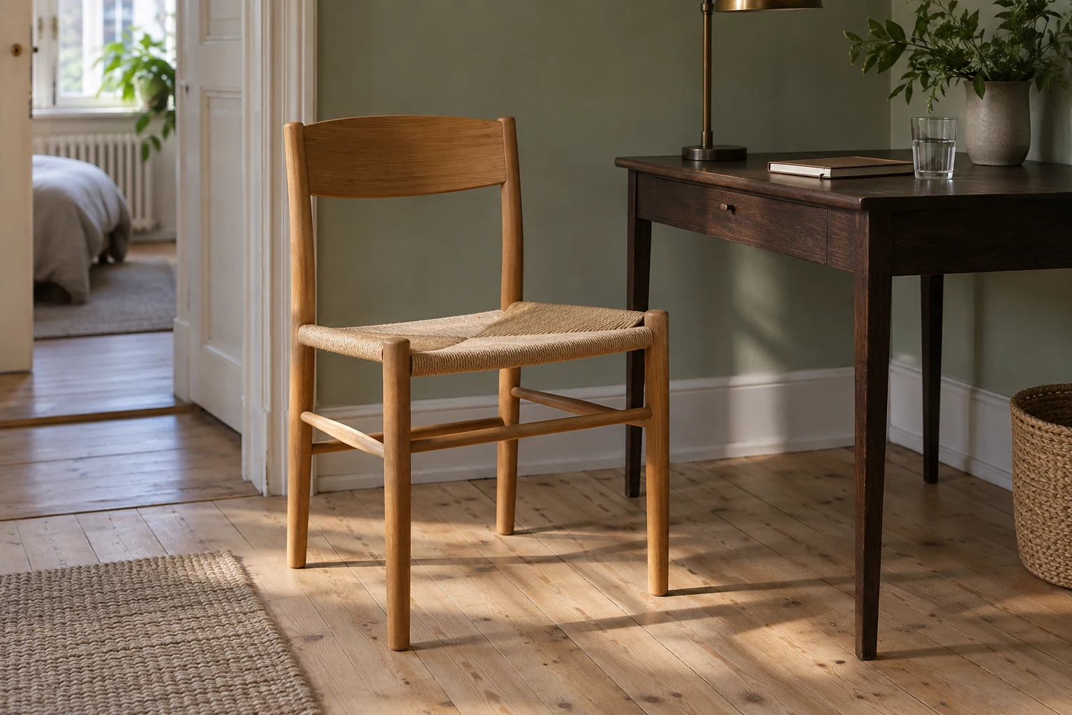 A single wooden chair with a broad back board and uncovered woven seat stands beside a small desk.