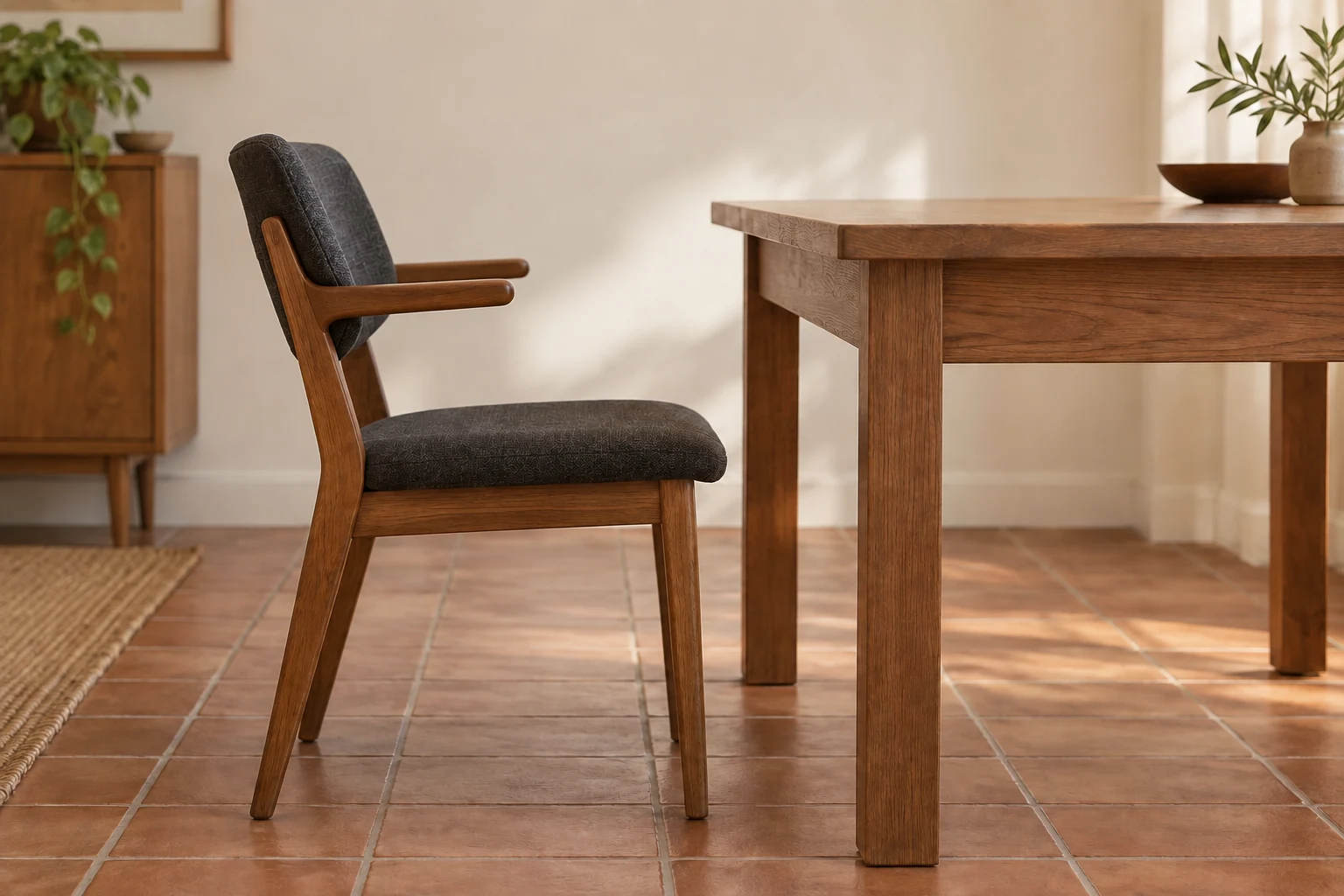 A short-arm upholstered timber chair stands in side view beside a table with a deep wooden apron.