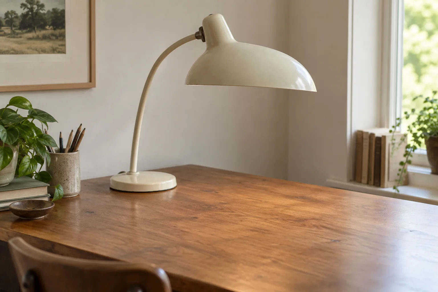 A cream metal desk lamp with a curved stem and broad shade on a wooden desk.