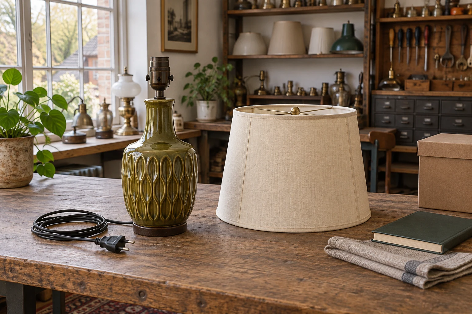 An unpowered green ceramic lamp and its detached cream shade rest on a workshop bench with a closed plug and coiled cord.